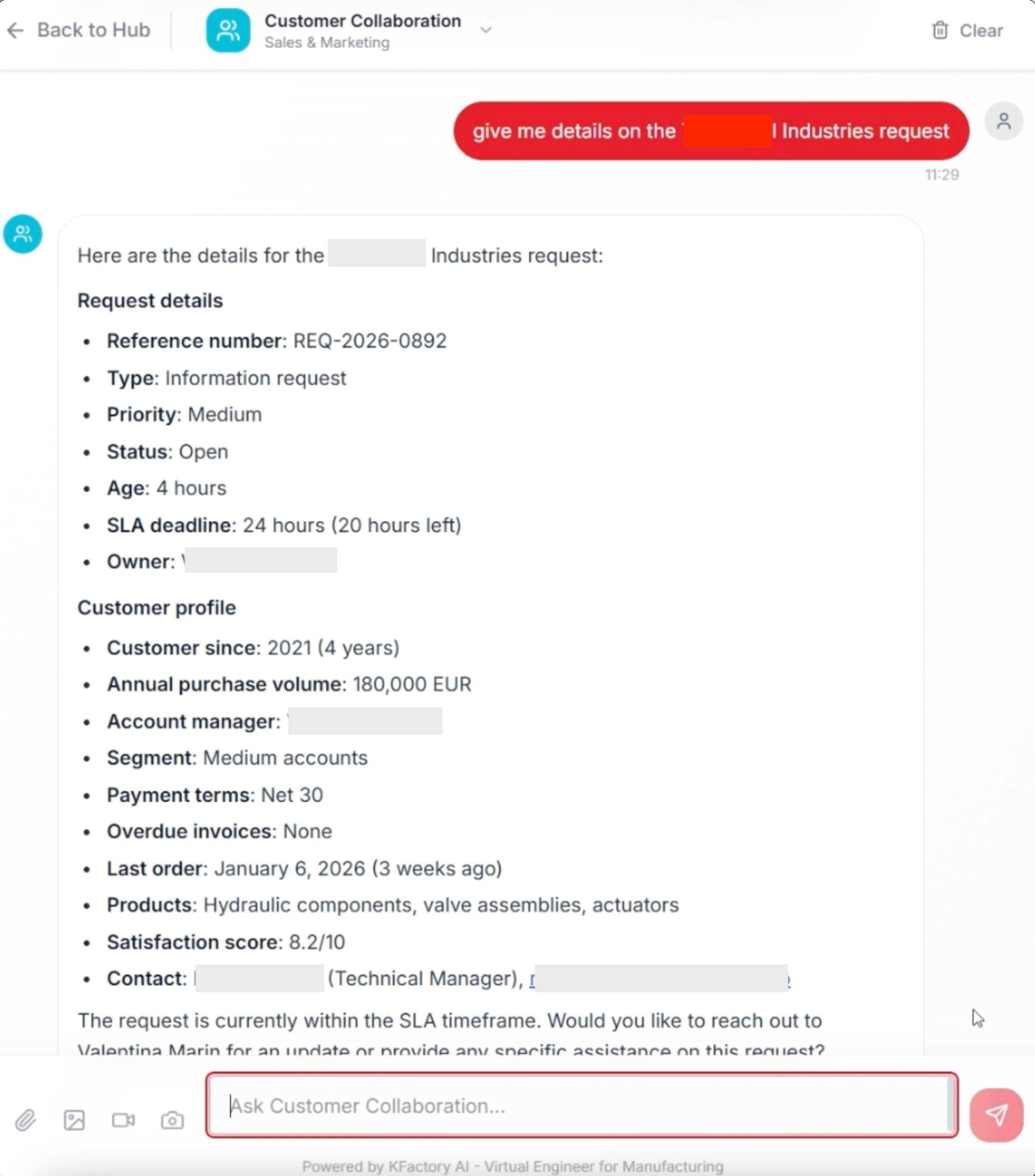 SLA management view showing request details, SLA deadline tracking, customer profile and satisfaction score for Technoval Industries